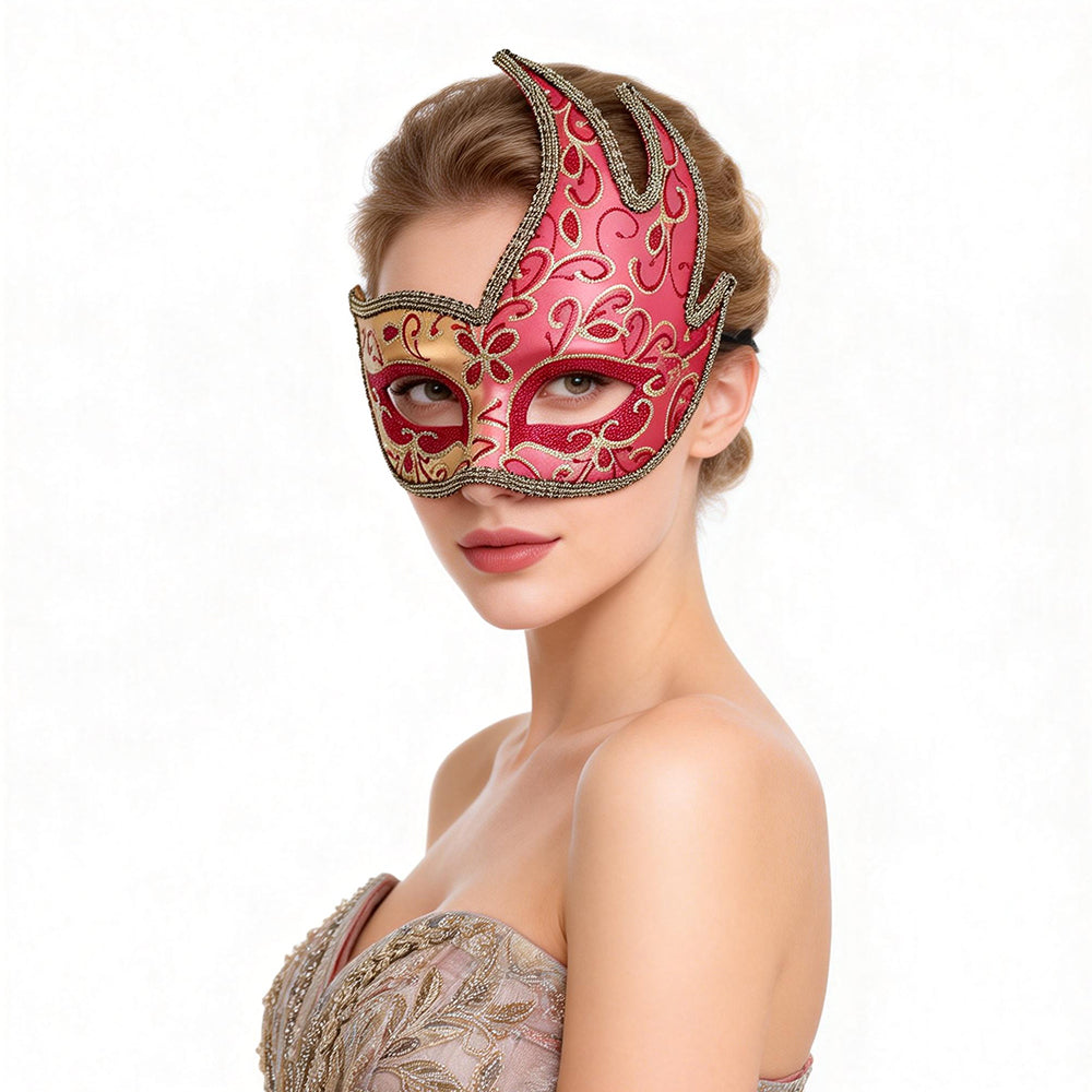 KELLY PINK Baroque Flame-Shaped Masquerade Mask with Ornamental Detailing
