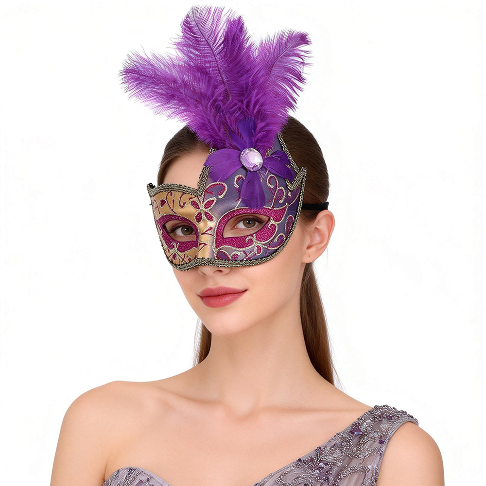 KELLY PINK Baroque Feather Plume Masquerade Mask with Ornamental Detailing