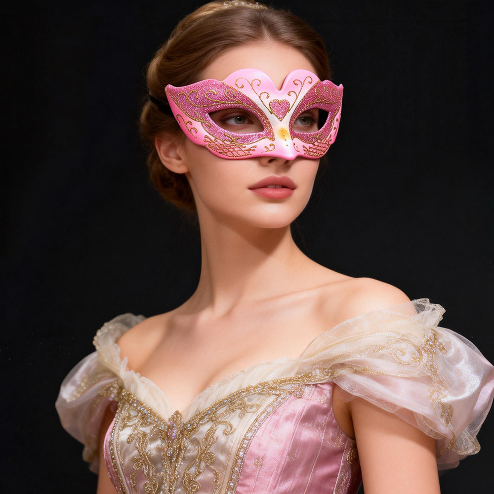 KELLY PINK Heart Motif Venetian Eye Mask – Romantic Masquerade Style